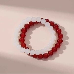 2 pcs Stone Minimalist Beaded Bracelet Set White Red Stretch Unisex